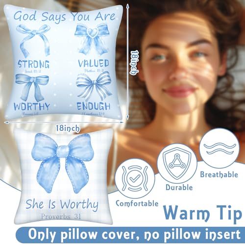 Christian Pillow Covers 18x18 - Blue Bow Bible Verse Decor
