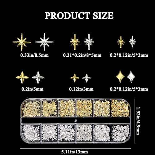 Star Nail Art Charms 3D Gold and Silver Metallic Studs with Tweezers