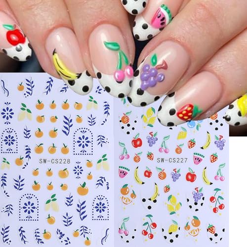 Summer Fruit Nail Stickers 10 Sheets 3D Adhesive Lemon Strawberry Decals
