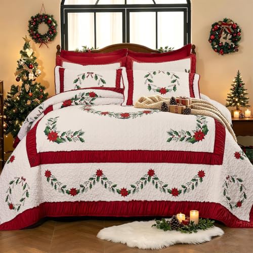 King Size Poinsettia Floral Bedspread Set with 2 Pillow Shams - Reversible Christmas Bedding