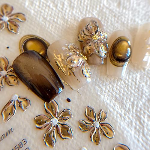 5D Embossed Light Brown Floral Nail Art Stickers Gilded Devil Flower Decals