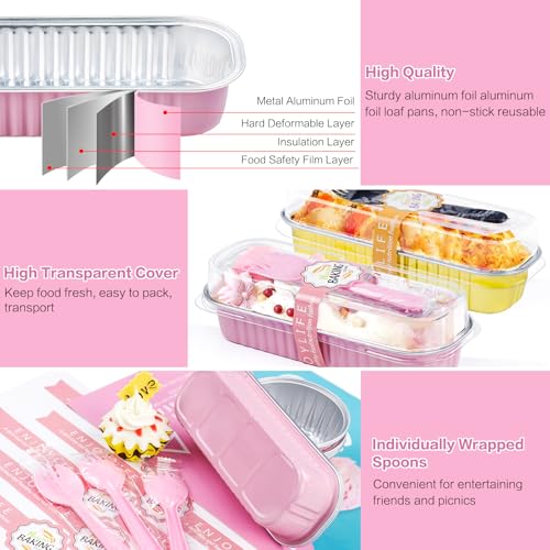 Pink Mini Loaf Pans with Lids - 6.8oz Aluminum Baking Set - 120 Pack