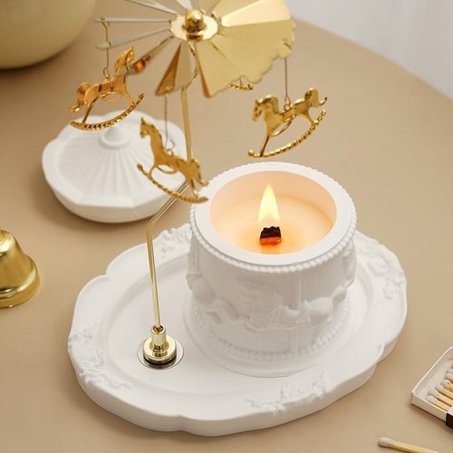 Carousel Candle Holder - Spinning Brass Merry-Go-Round with Gypsum Base | Perfect Valentine Gift for Home Decor