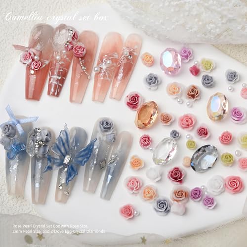 Pink 3D Resin Rose Camellia Nail Art Charms with Pearls and Rhinestones