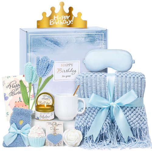 Blue Birthday Gift Basket for Women - 13 Self Care Items Spa Set Mom Her
