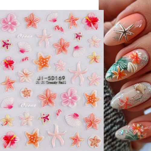 5D Embossed Ocean Summer Nail Art Stickers 3-Sheet Starfish Shell Decals