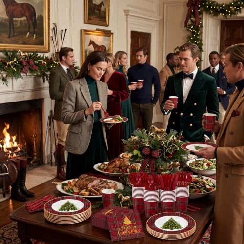 Christmas Party Supplies Set 168 Pcs Red Plaid Dinnerware for 24 Guests - Festive Holiday Tableware