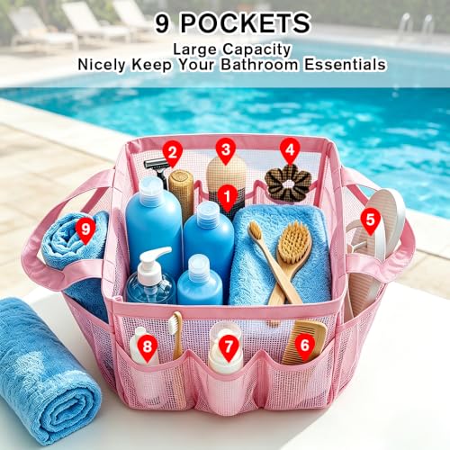 Portable Mesh Shower Caddy with 9 Pockets - Quick Dry Tote Bag for Dorm & Travel (Pink)