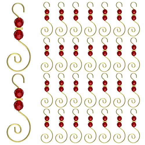 30 Pcs Christmas Ornament Hooks with Crystal Beads - Red Metal S-Shaped Decoration Hooks