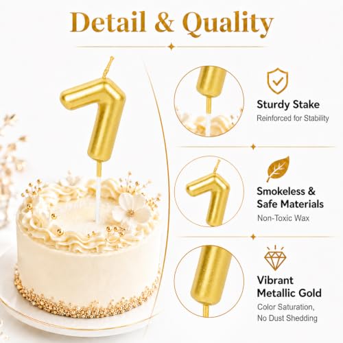 CARGEN Gold Number 7 Birthday Candle - 3D Chubby Cake Topper for Mini Cakes