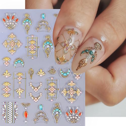 CnSybaris 5D Bohemian Nail Stickers - Metallic Gold Sun, Moon & Star Decals (2 Sheets)