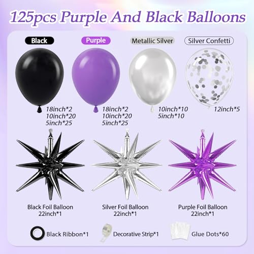Purple and Black Balloon Arch Kit with Confetti - 125pcs for Parties