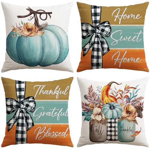 Artscope Fall Decorative Throw Pillow Covers, 18x18 Inch Blue Set of 4