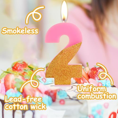 Hongplus Pink Glitter Number 2 Birthday Candle for Cake Topper Decoration