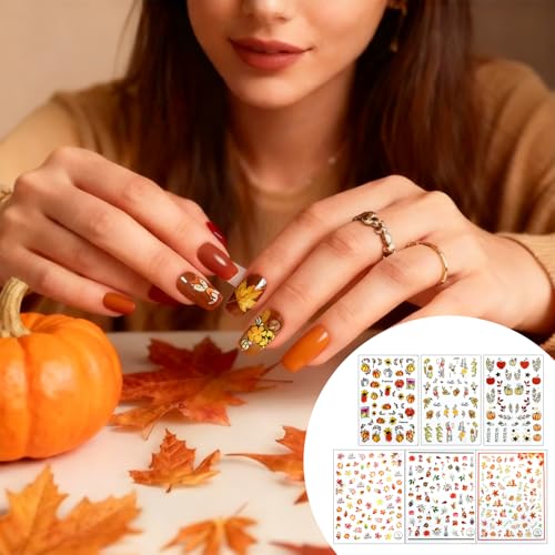 Allstarry Fall Nail Stickers 6 Sheets 3D Self-Adhesive Autumn Maple Leaves & Pumpkins