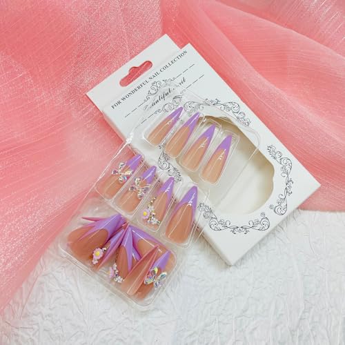 Long Stiletto Press on Nails 3D Bow Flower French Tip Fake Nails