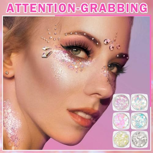 6 Color Body Glitter Gel Set - Holographic Sequins for Face and Hair
