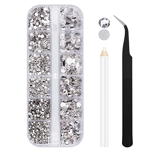 Clear Glass Rhinestones 2000pcs 6 Sizes Flat Back Gems with Tweezer & Wax Pencil