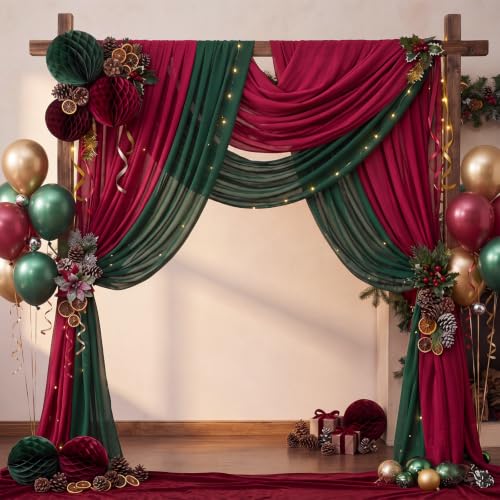 Christmas Chiffon Table Runners - Burgundy and Green, 6 Pieces
