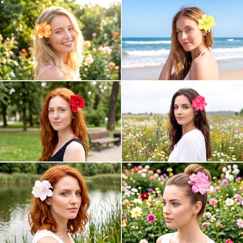 6 Pcs Hawaiian Tropical Flower Hair Clips - 2.75 Inch Hibiscus Hair Accessories for Beach Vacation and Parties