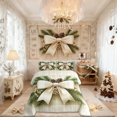 Beige Green Twin Comforter Set with Pinecone Leaves Pattern - Kids Bedding