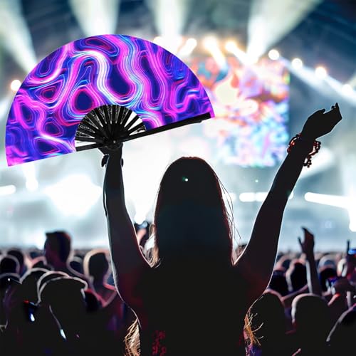 Large 25" UV Glow Rave Folding Hand Fan - Waves2 Design