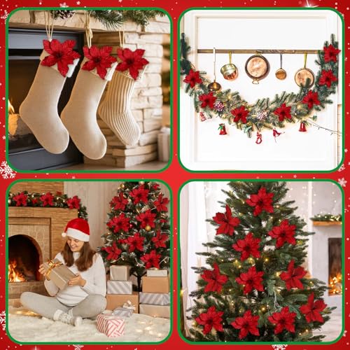 Red Artificial Christmas Poinsettia Flowers Set of 16 - Large Velvet Holiday Decor