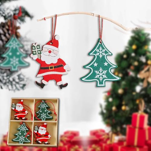 Wooden Christmas Tree Ornaments Set Santa Claus Hanging Decorations 8PCS
