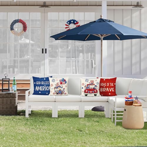 Independence Day Throw Pillow Covers Set of 4 - 18 x 18 Inch Gnome Truck Flag Design