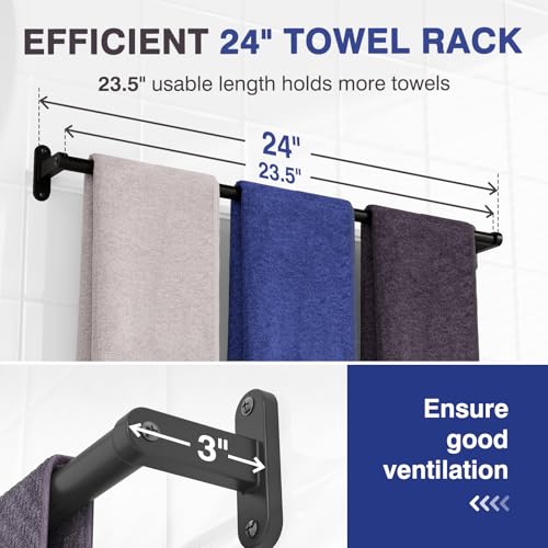 Powools 24-Inch Matte Black Towel Bar, Rustproof Aluminum Wall Mounted Rack