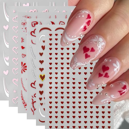Valentine's Nail Art Stickers 6 Sheets 3D Red Pink Hearts & Bows Decals