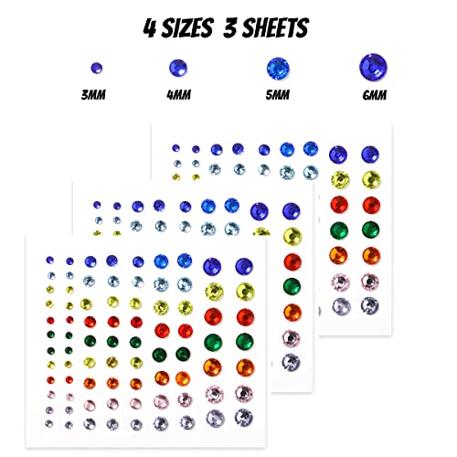 Bowitzki 3 Sheets Self-Adhesive Face Gems Rhinestone Crystal Makeup Stickers