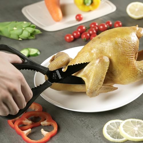 Extra Sharp Kitchen Scissors - Deep Green Stainless Steel Shears with Knife Sharpener & Sheath