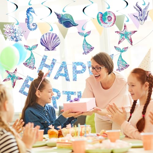 Mermaid Birthday Decorations Set with Banner & Hanging Swirls