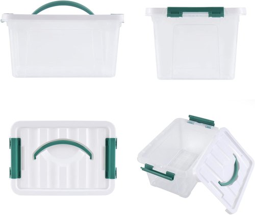 Eslite 6 Quart Clear Plastic Stackable Storage Bins - Latching Box with Handle & Lid, Pack of 6 (Green Handle)