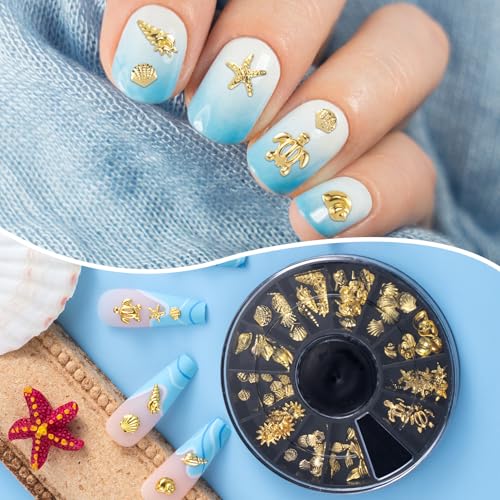 Isslly Gold Ocean 3D Nail Charms - 12 Styles Beach Starfish & Seashell Metal Decals