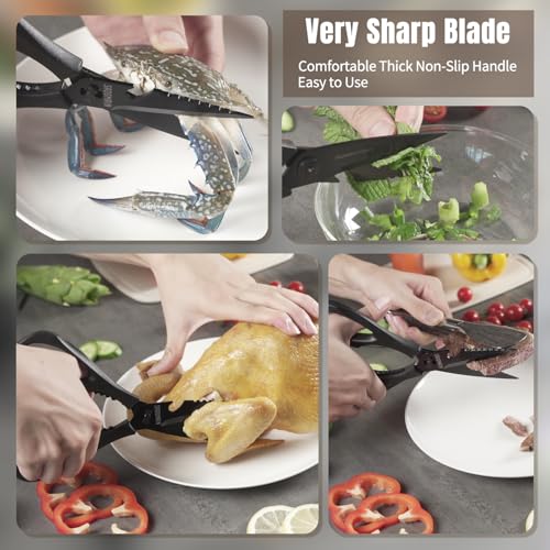 Extra Sharp Kitchen Scissors - Deep Green Stainless Steel Shears with Knife Sharpener & Sheath