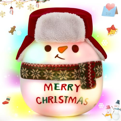 Light Up Christmas Snowman Plush Pillow with LED Lights - Festive Decor, 14 Inch, Variations of Light Snowman