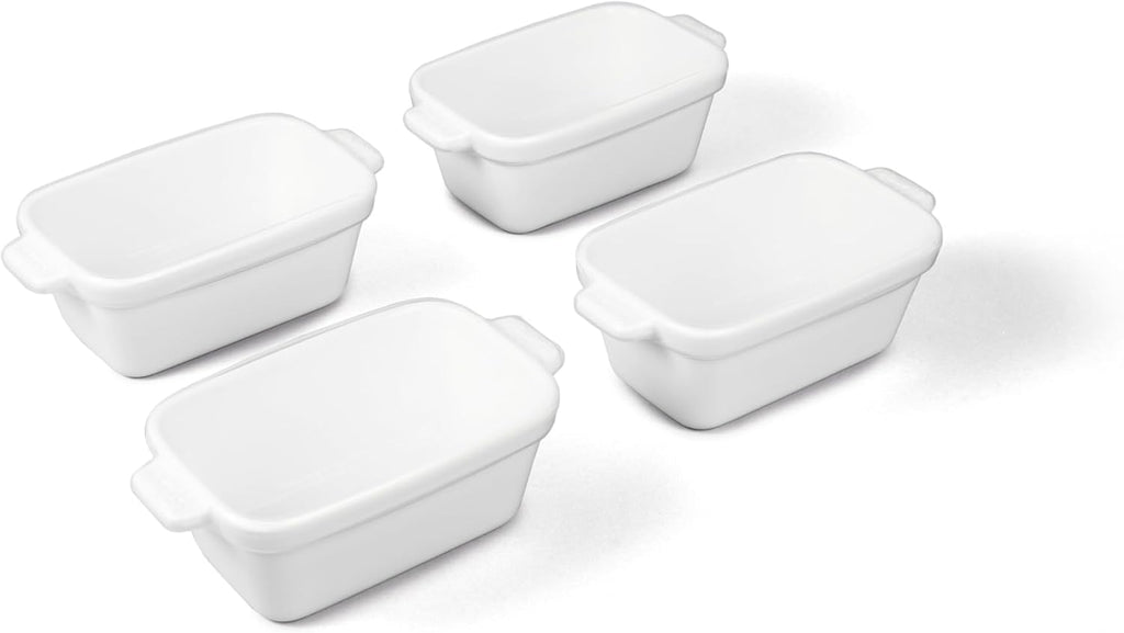 Souper Cubes Stoneware - Small Ceramic Baking Dish Set of 4 | 5" x 3" with Silicone Covers - White
