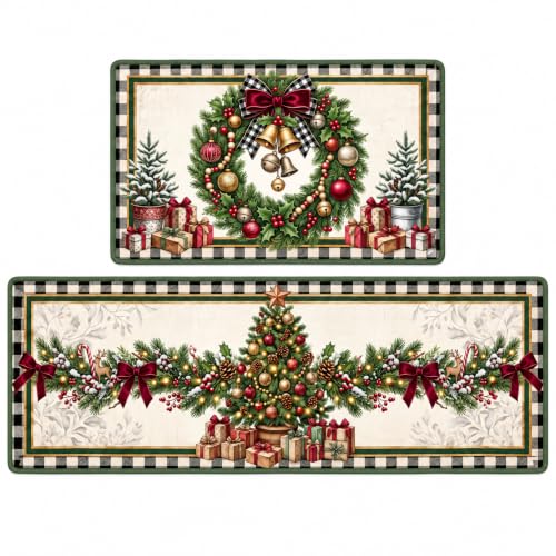 Christmas Kitchen Mat Set of 2 Non Slip Wreath & Tree Rugs - Wreath Christmas Tree Variation