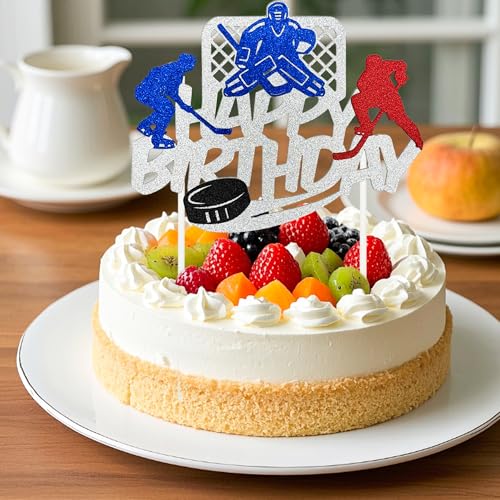 Hockey Themed Happy Birthday Cake Topper - Silver Glitter Decoration