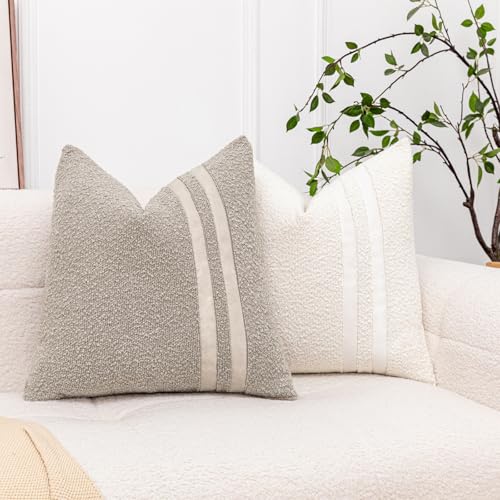 Vfuty 18x18 Oatmeal Boucle Throw Pillow Covers Set of 2 with Leather Accent