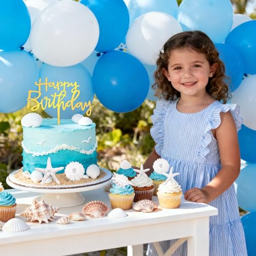 17PCS White Gold Seashell Cake Toppers for Beach Theme Party