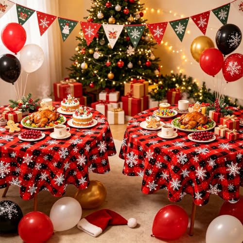 3 Pack Christmas Checkered Tablecloths Snowflake Buffalo Plaid 84 Inch Holiday Decor Variation 3