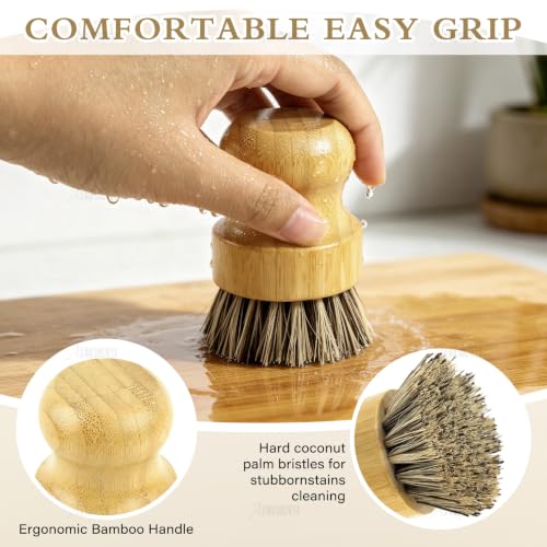 AUEAR Natural Bamboo Dish Scrub Brush 4-Pack - Coconut Bristles for Pots & Pans