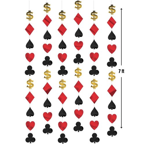 Amscan Casino Foil String Decorations - 7' (Pack of 6) - Red, Black, & Gold Casino Party Icons - Perfect for Game Night, Vegas-Themed Events, and More