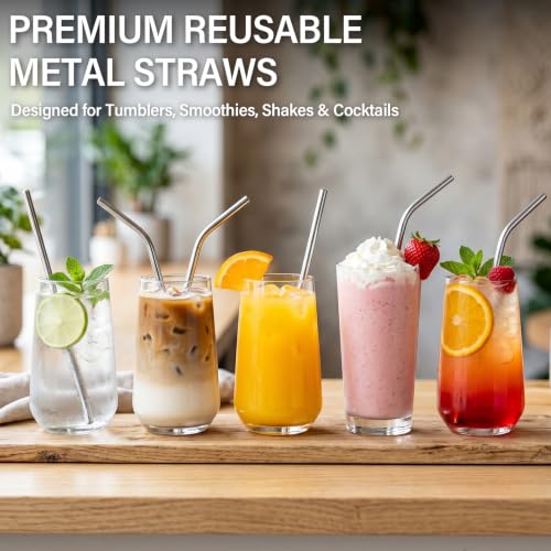 10-Pack Stainless Steel Straws Set - 5 Straight & 5 Bent, Reusable