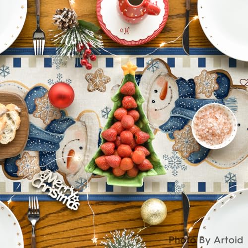 Snowman Gift Table Runner 13x90 Inch Winter Decor for Home & Party - Blue Variation