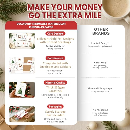 24 Pack Gold Foil Watercolor Christmas Cards with Envelopes
