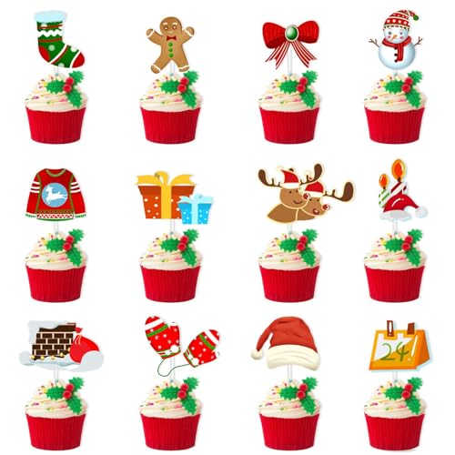 12-Pack Christmas Cupcake Toppers - Festive Cake Decorations